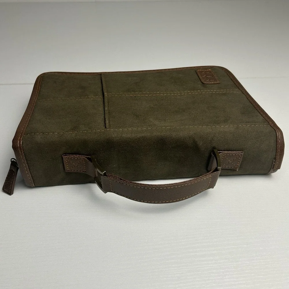 Zondervan XL Bible Cover Green Suede with Brown Trim, Handle, Zipper 11